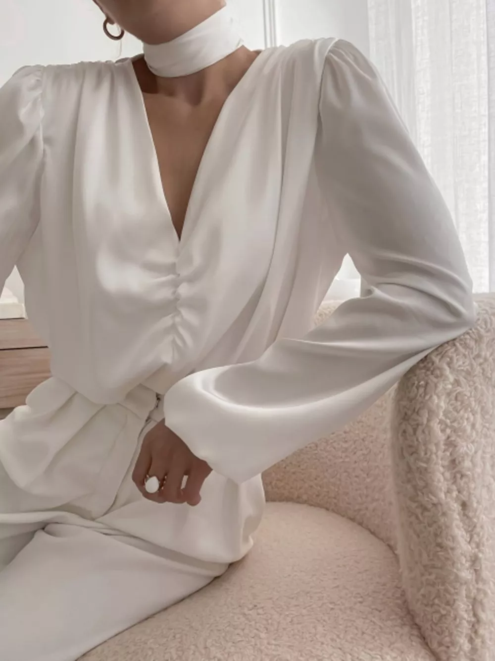 V-Neck Ruched Long Sleeve Blouse