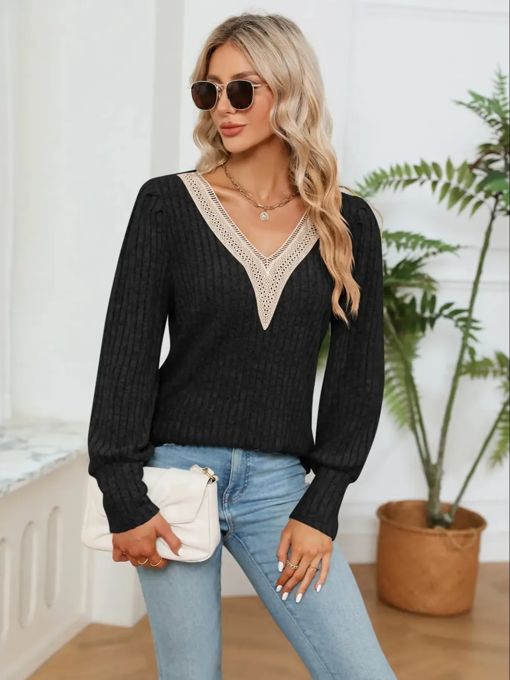 V-Neck Long Sleeve Blouse