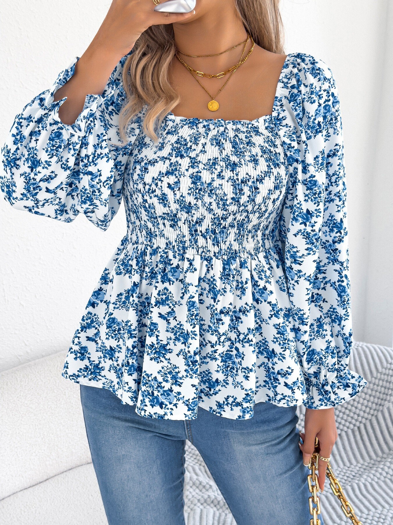 Full Size Floral Print Smocked Long Sleeve Blouse Plus Size