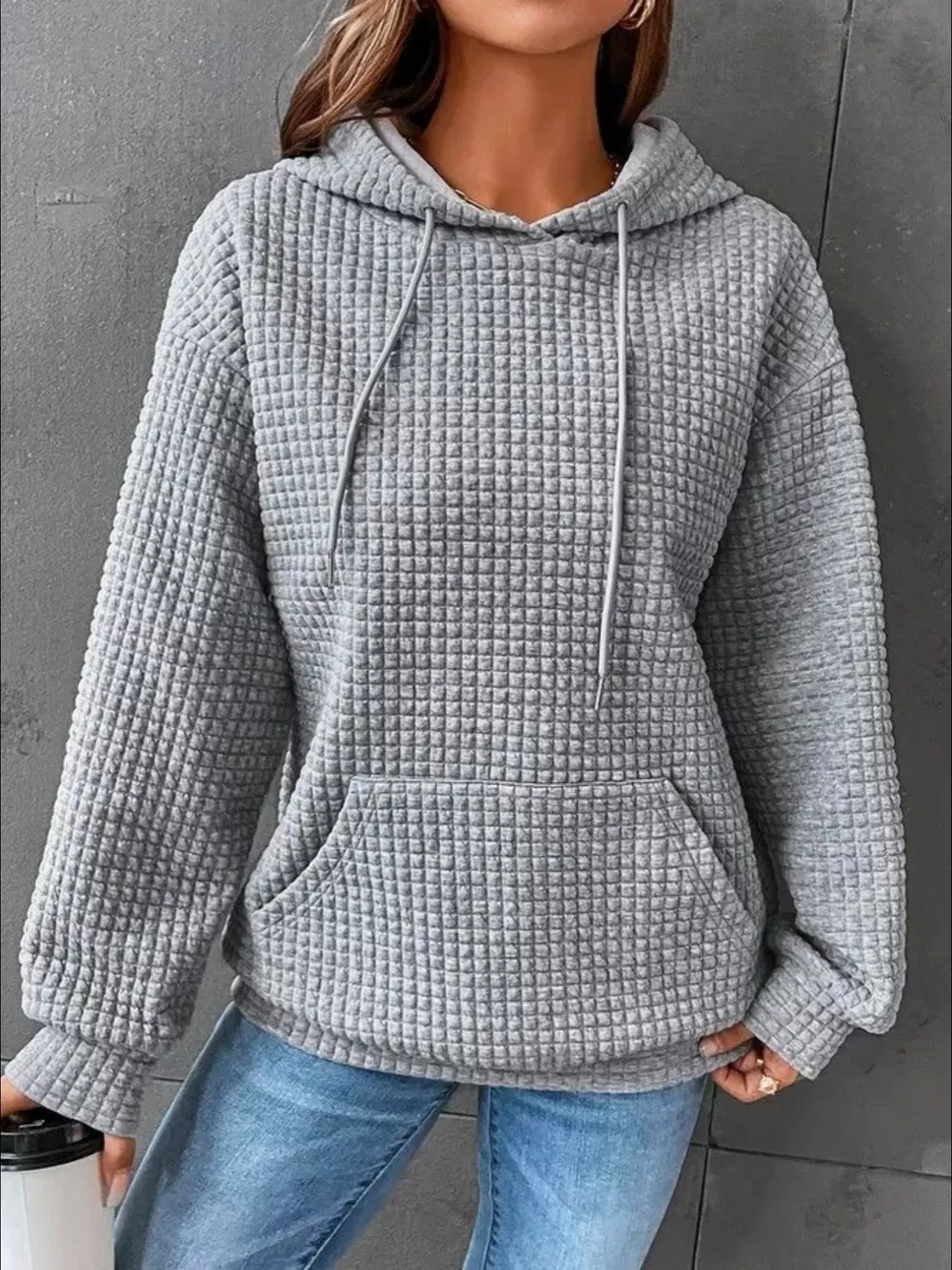 Full Size Textured Kangaroo Pocket Hoodie Plus Size