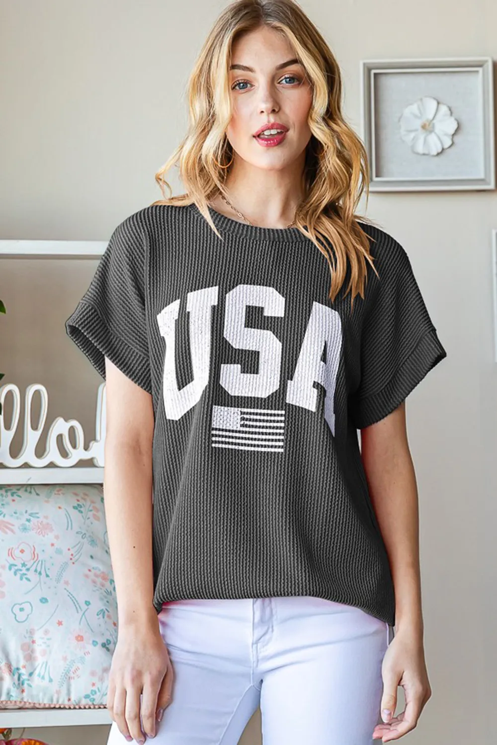 Heimish Full Size Usa Graphic Short Sleeve Ribbed Top