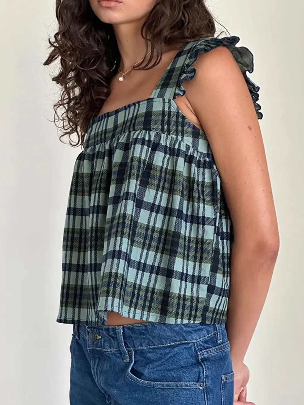 Ruffled Plaid Square Neck Tank