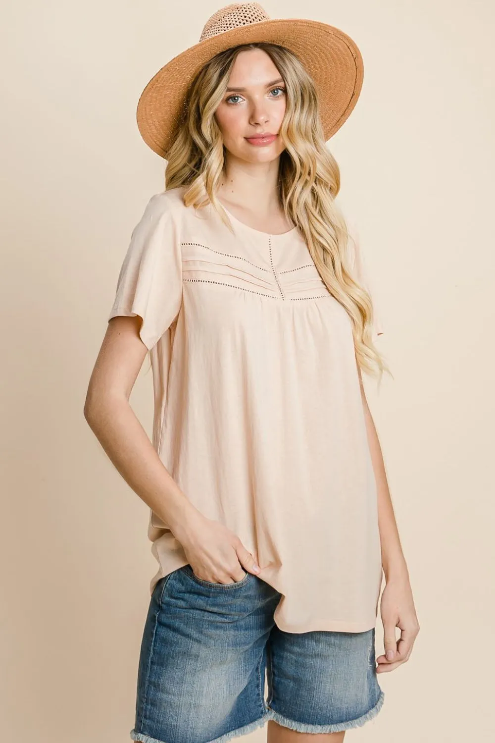 Cotton Bleu By Nu Label Eyelet Round Neck Short Sleeve T-Shirt