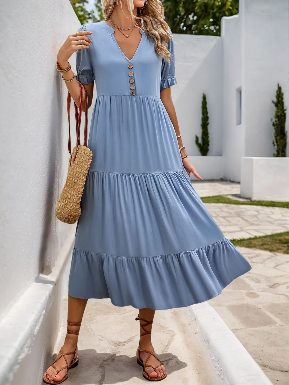 Notched Short Sleeve Tiered Midi Dress