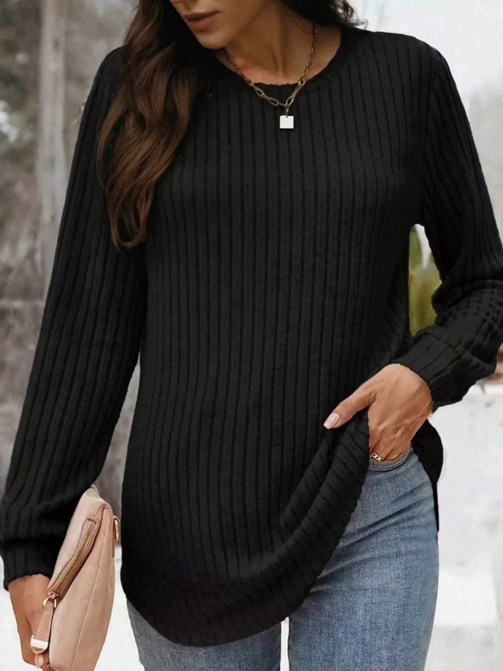 Ribbed Texture Round Neck Long Sleeve Rounded Hem Knit Top