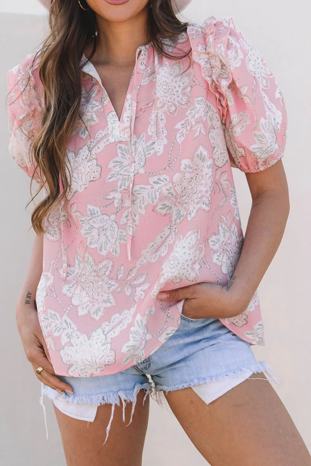 Floral Tie Neck Puff Sleeve Blouse