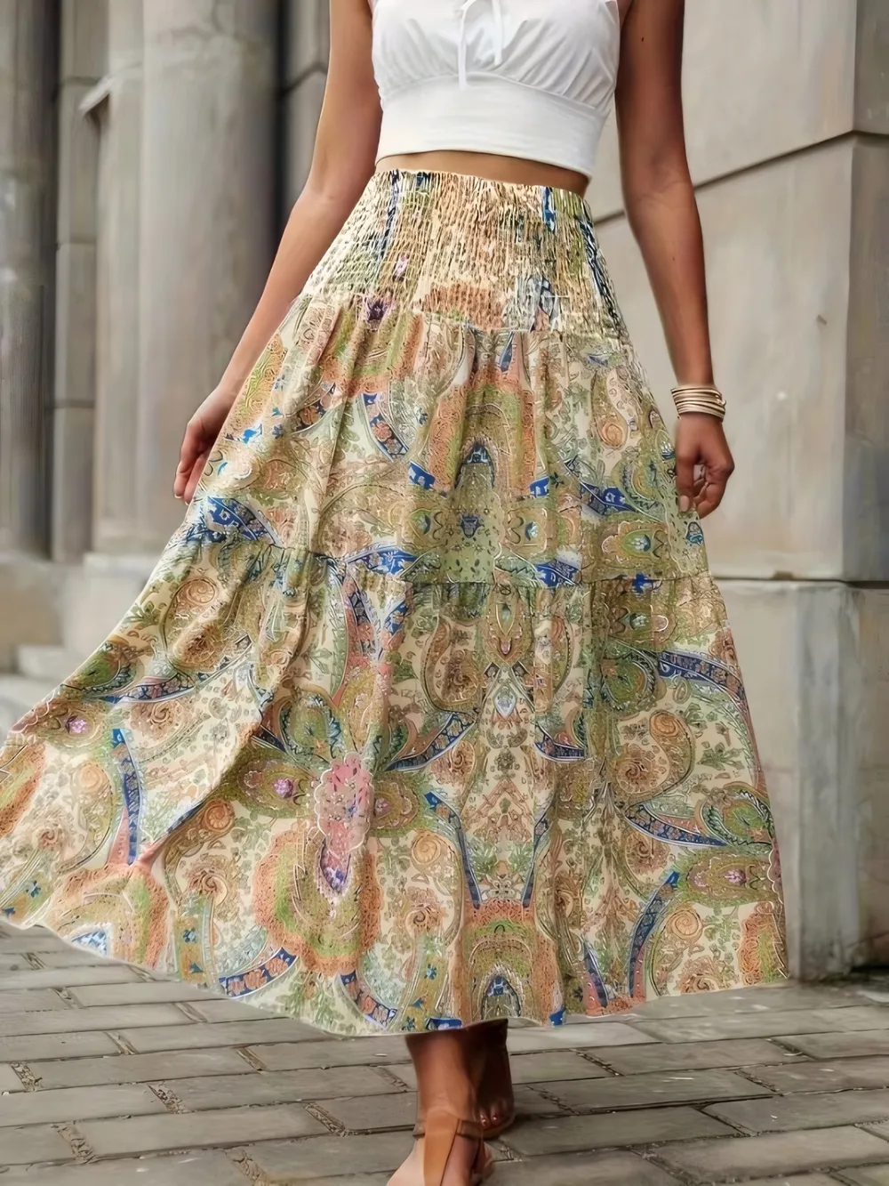 Smocked Printed High Waist Skirt