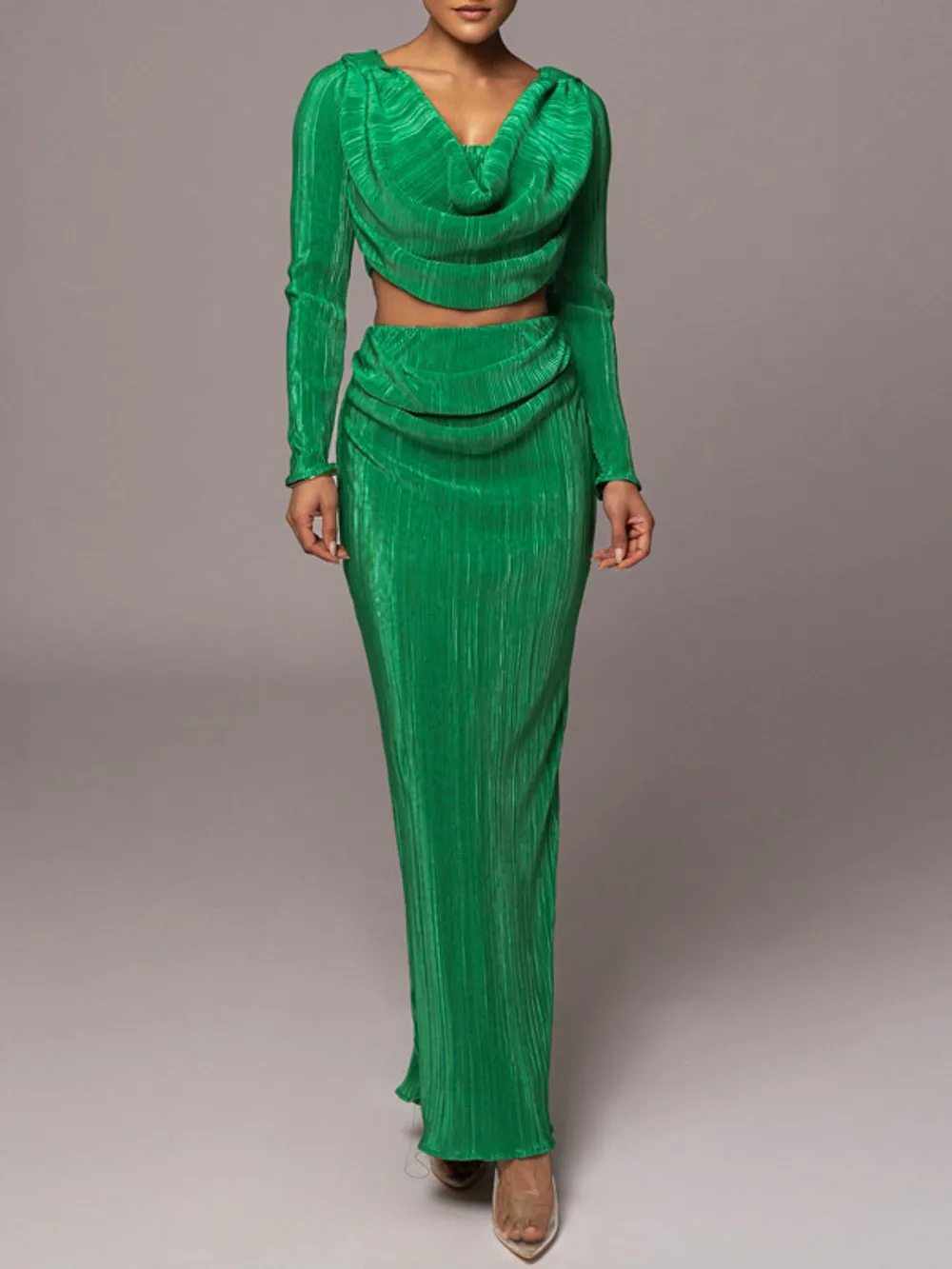 Ruched Cowl Neck Top and Maxi Skirt Set
