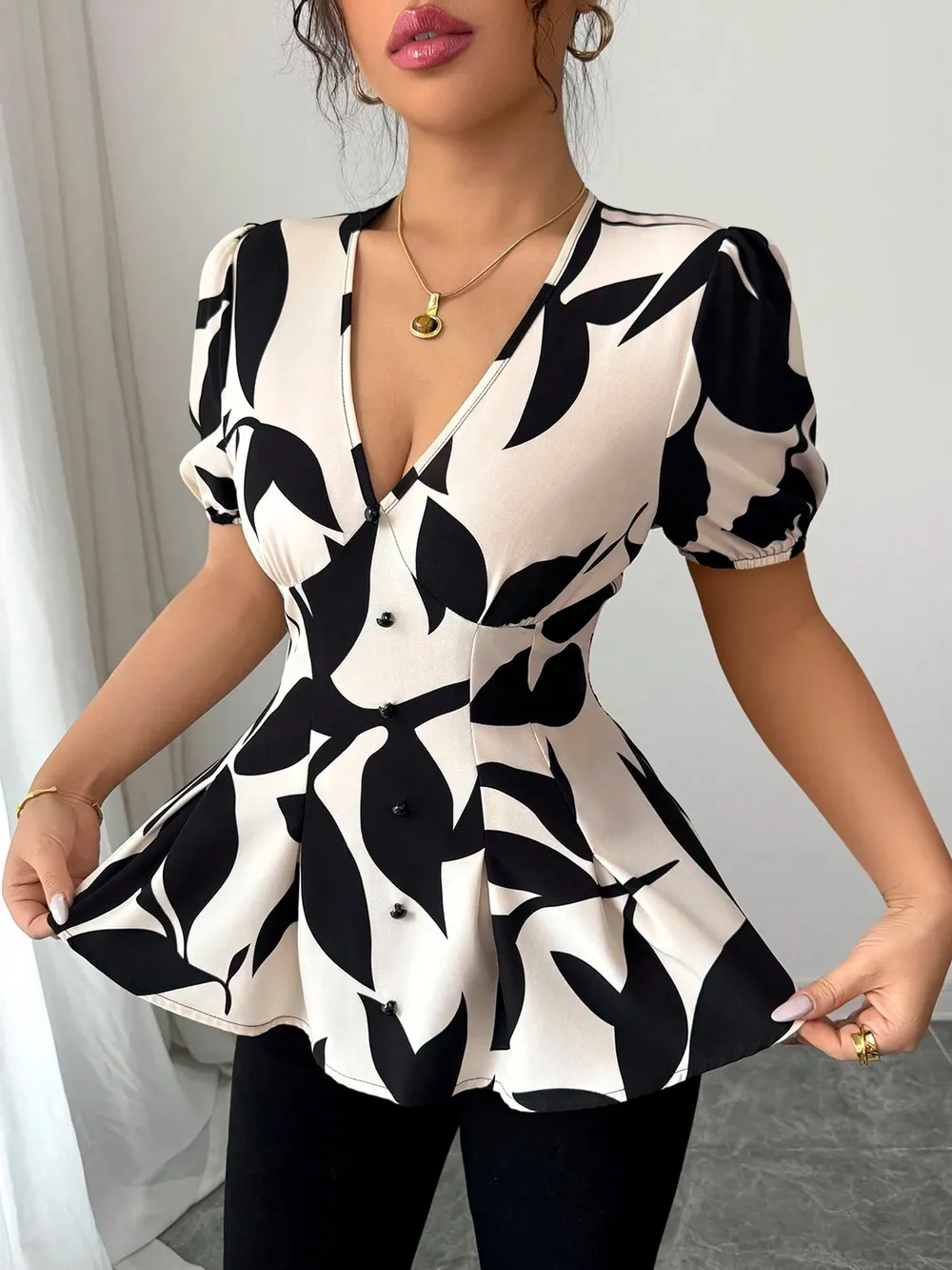 Puff Sleeve Printed Peplum Blouse