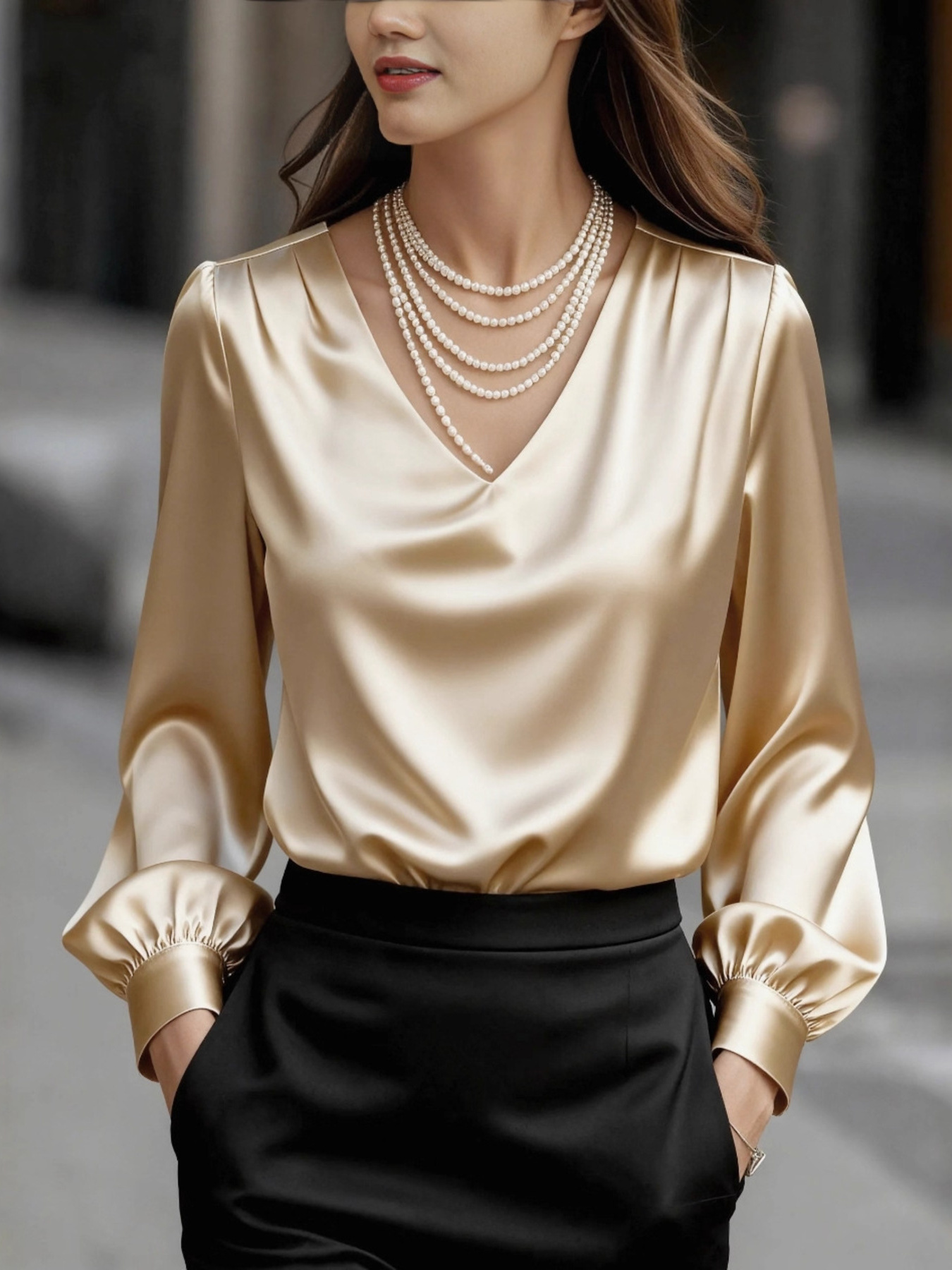 Satin V-Neck Long Sleeve Blouse