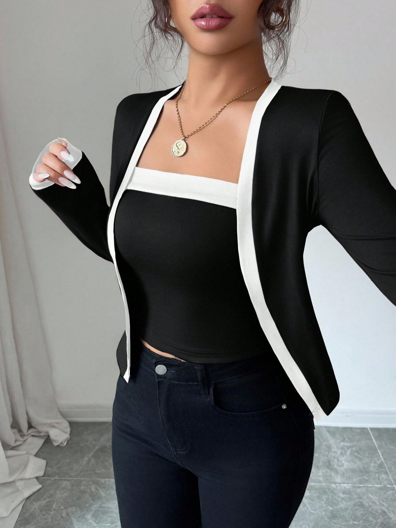Contrast Trim Cardigan & Tank Top Set