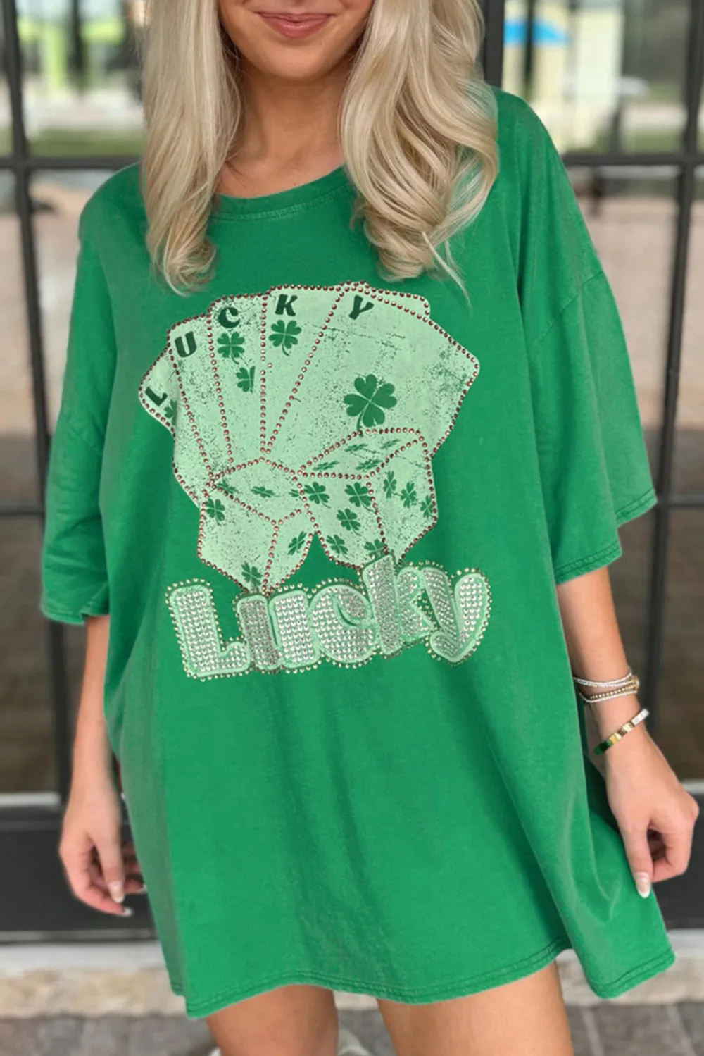 Rhinestone Lucky Poker Cards Oversized T-Shirt