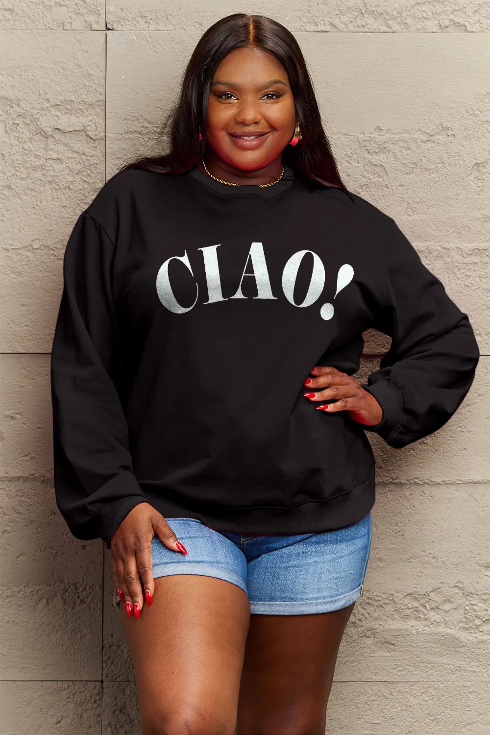 Simply Love Full Size CIAOï¼Round Neck Sweatshirt