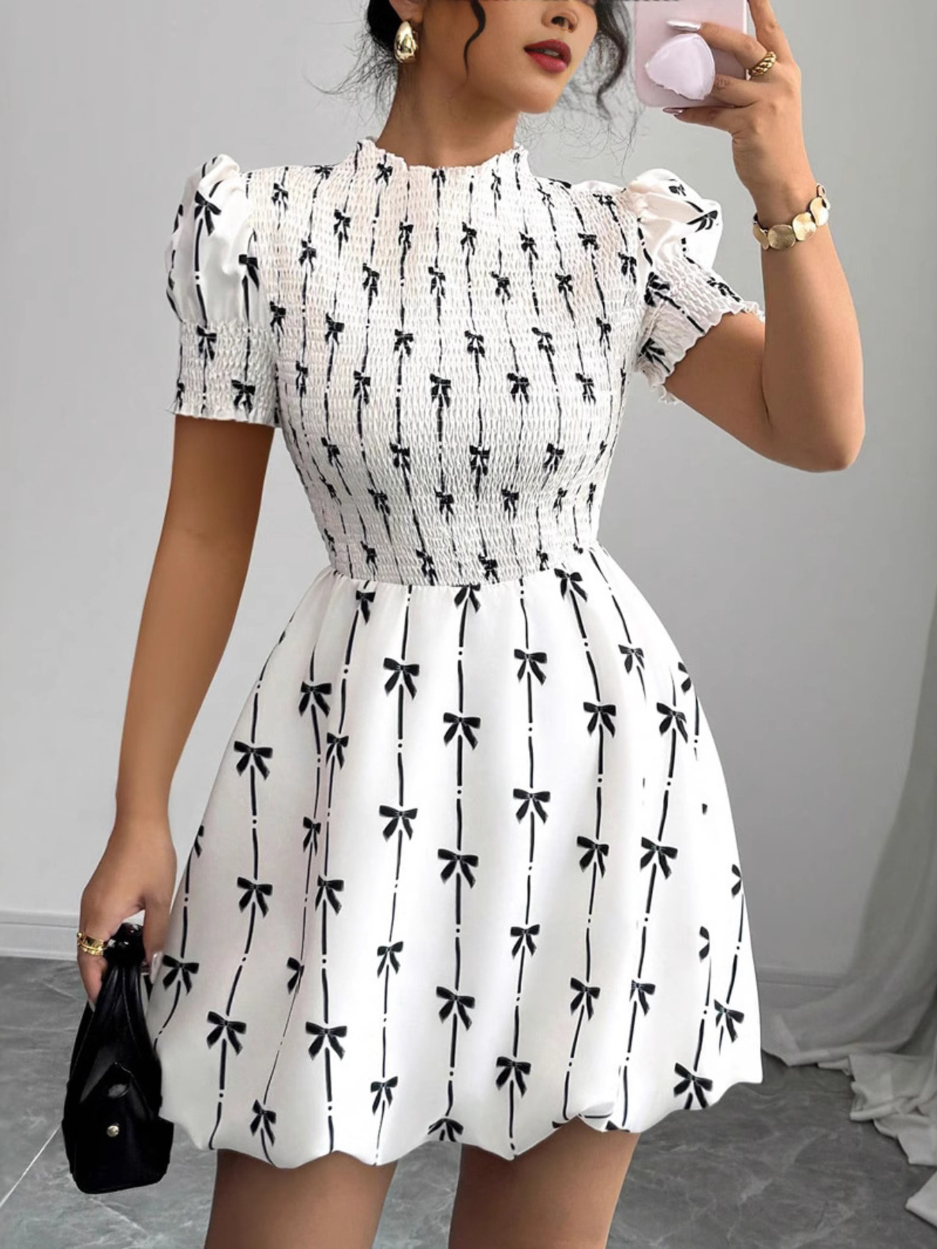 Smocked Bow Print Short Sleeve Dress