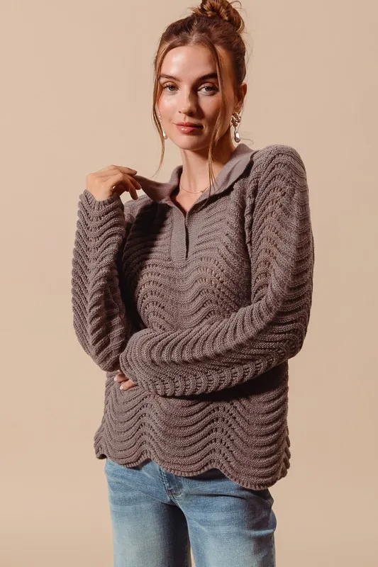 SO ME Notched Collar Wavy Texture Sweater Top