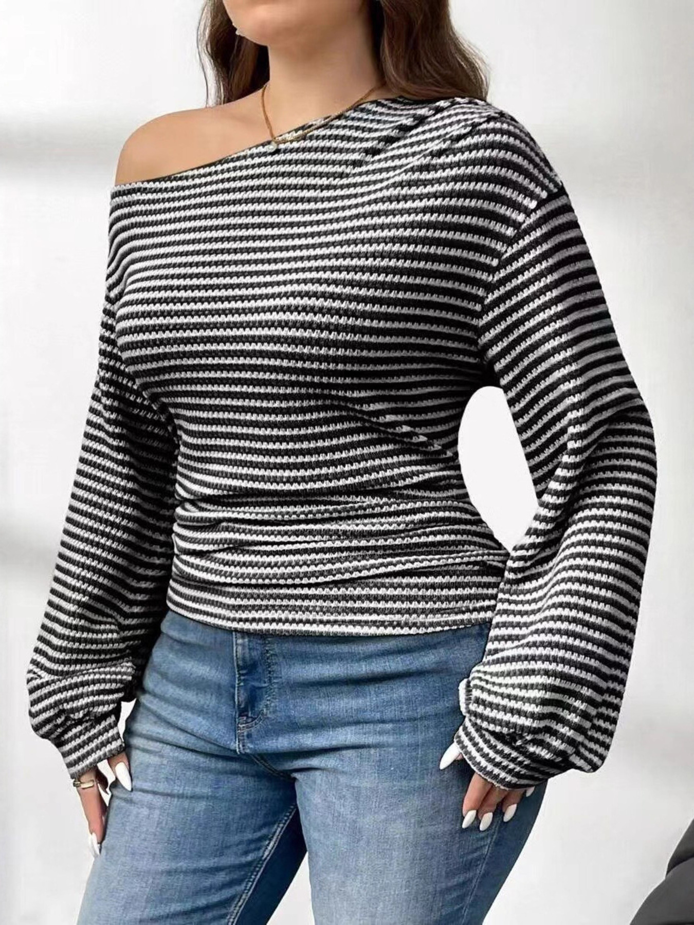 Plus Size Striped One-Shoulder Long Sleeve T-Shirt