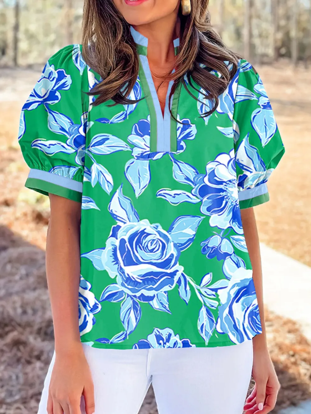 Floral Print Puff Short Sleeve Blouse