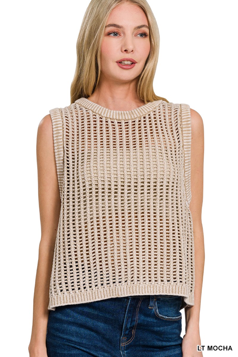 Zenana Acid Washed Fishnet Sweater Vest