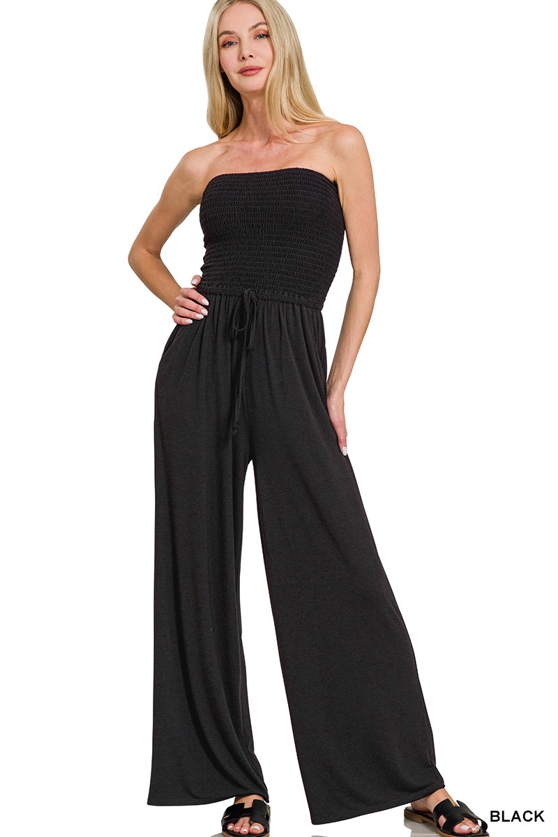 Zenana Strapless Wide Leg Smocked Jumpsuit