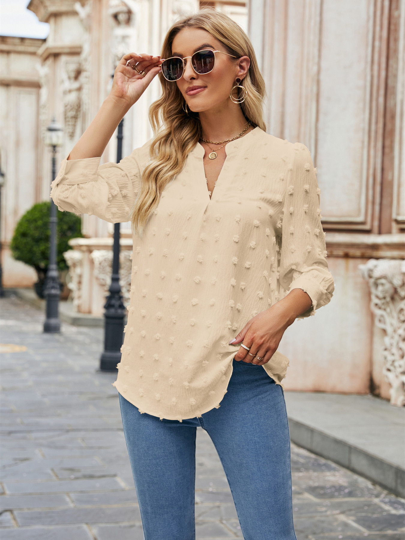 Swiss Dot Notched 3/4 Sleeve Blouse