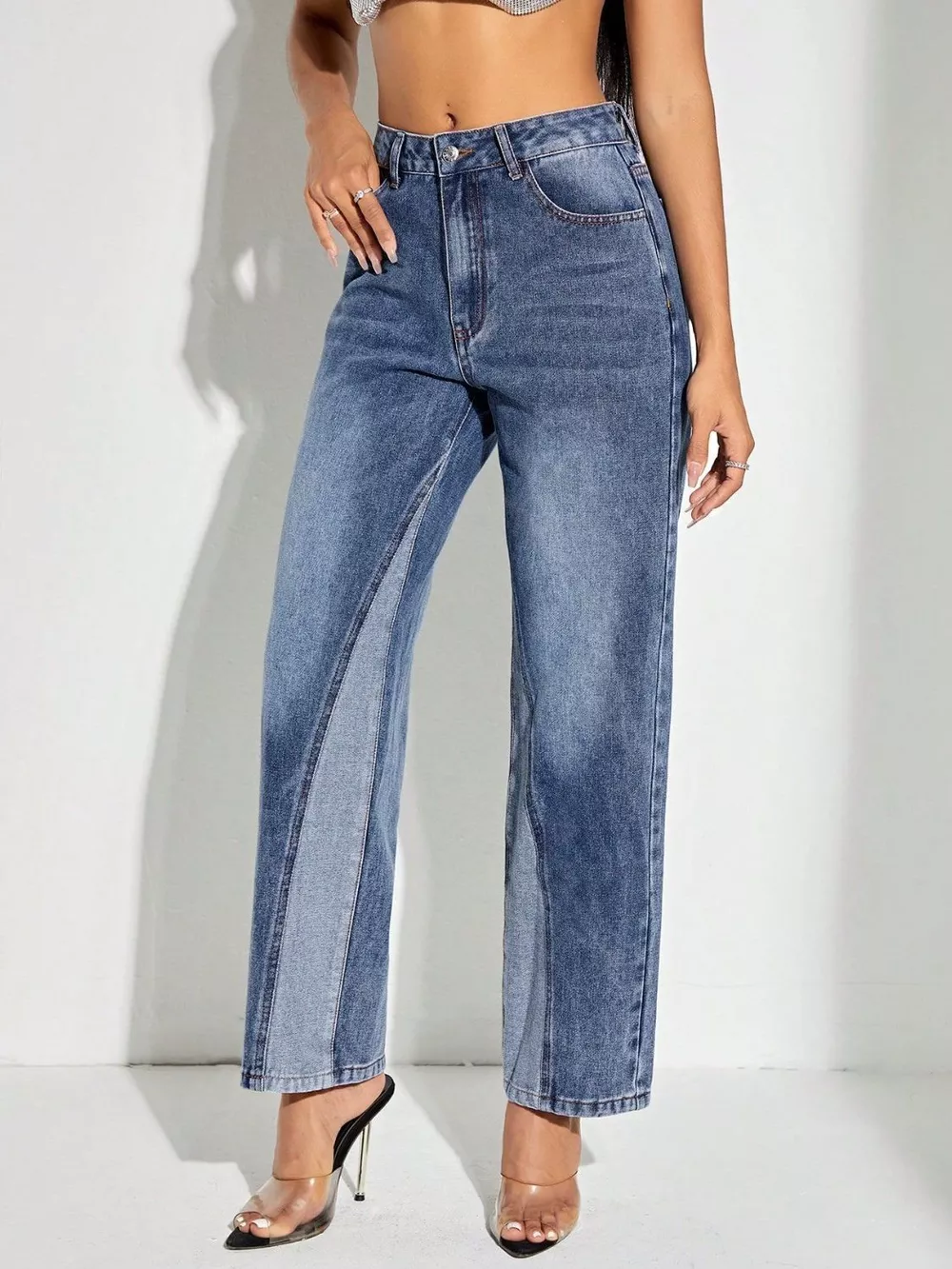 Contrast Patchwork Straight Jeans With Pockets
