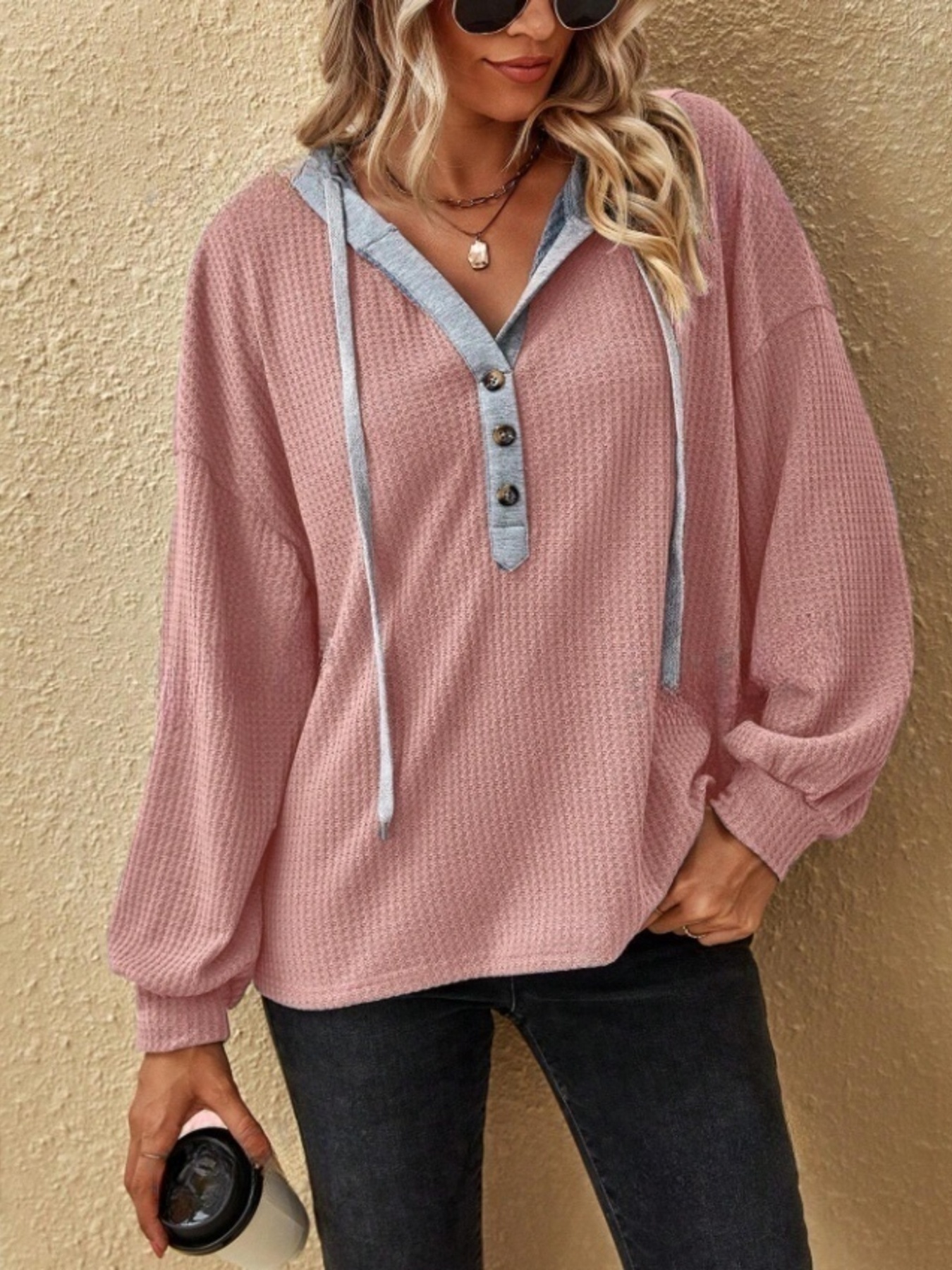 Drawstring Waffle Knit Hoodie
