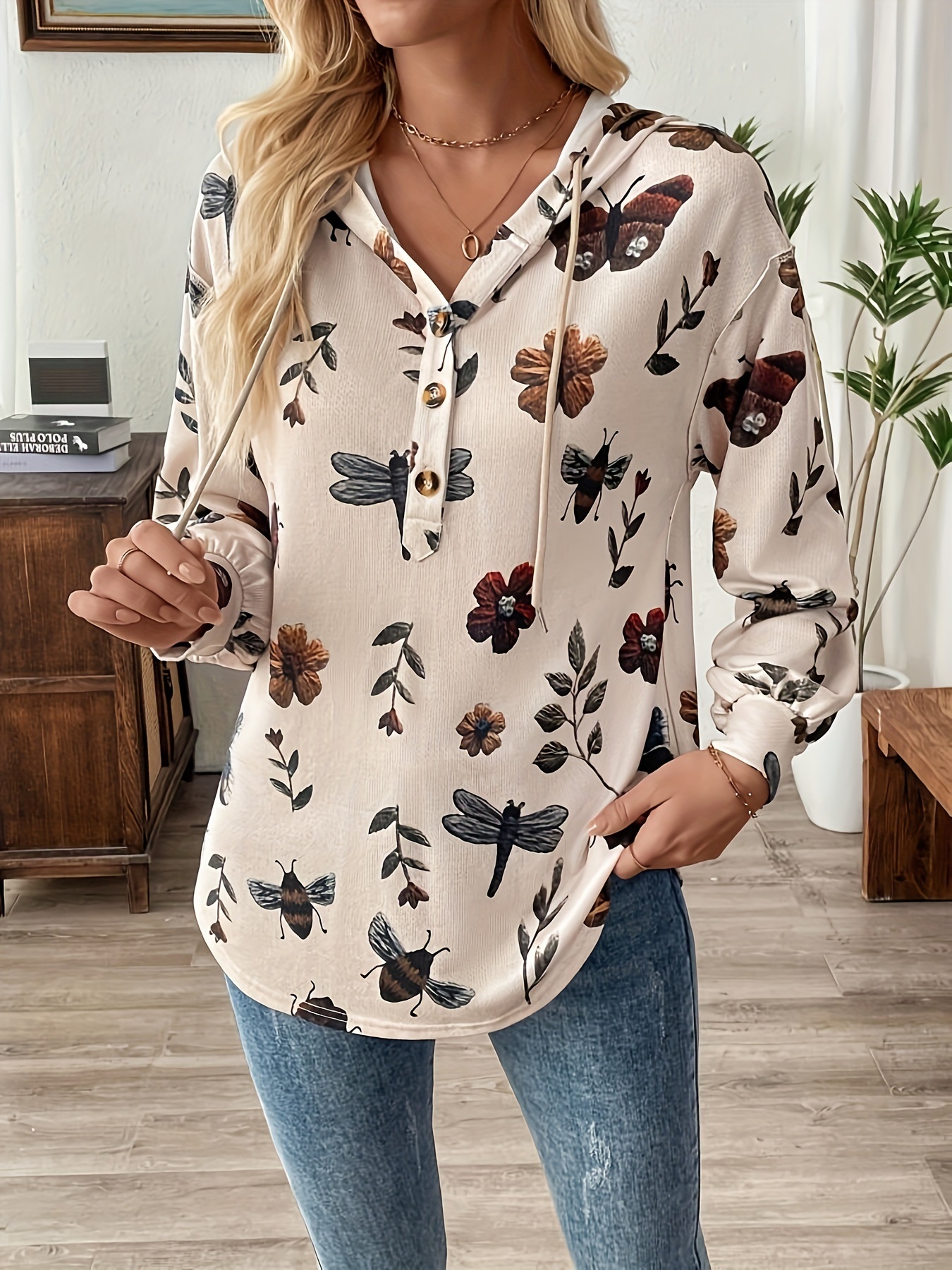 Drawstring Button Front Printed Hoodie