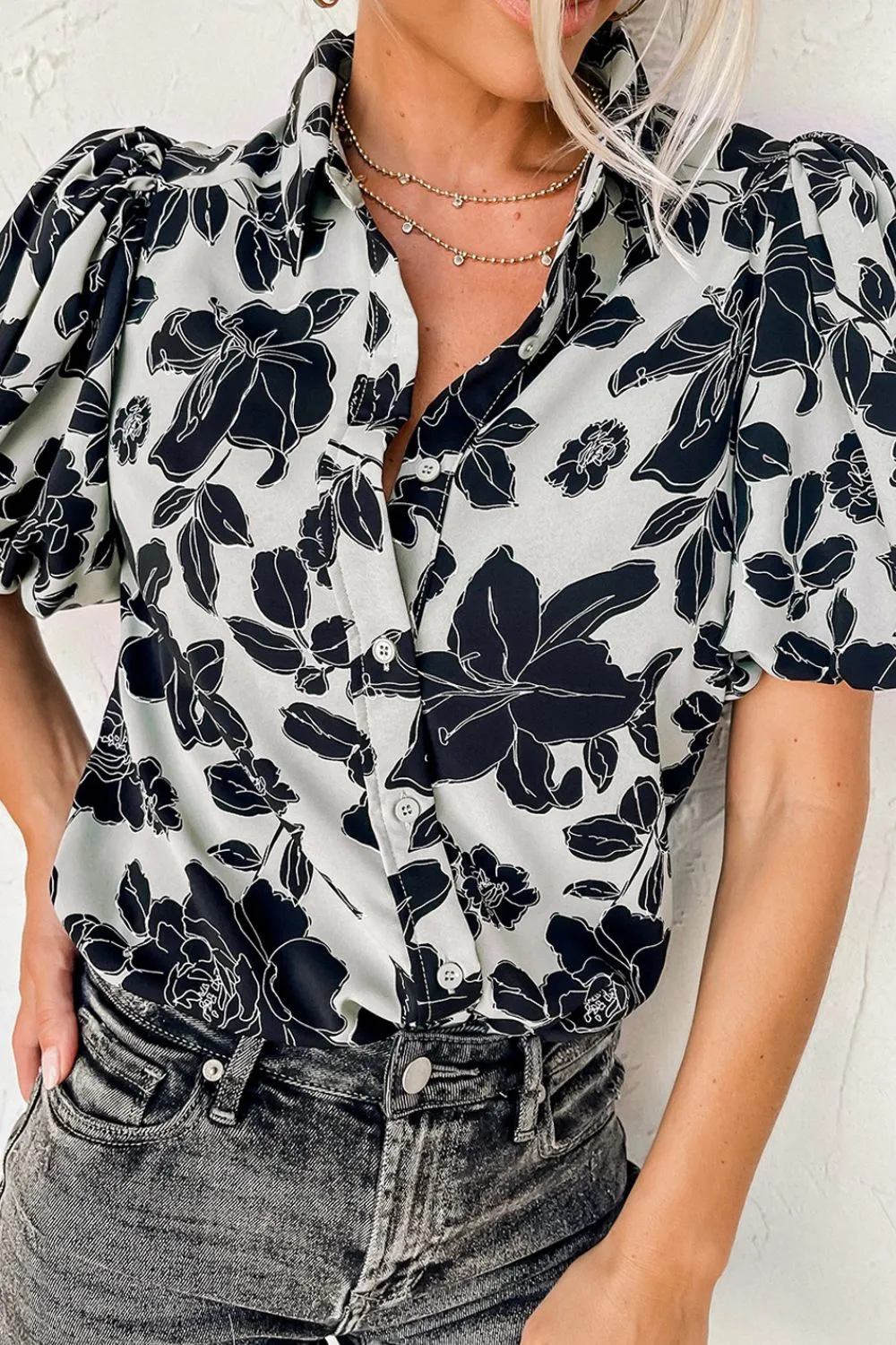 Floral Button Down Puff Sleeve Shirt