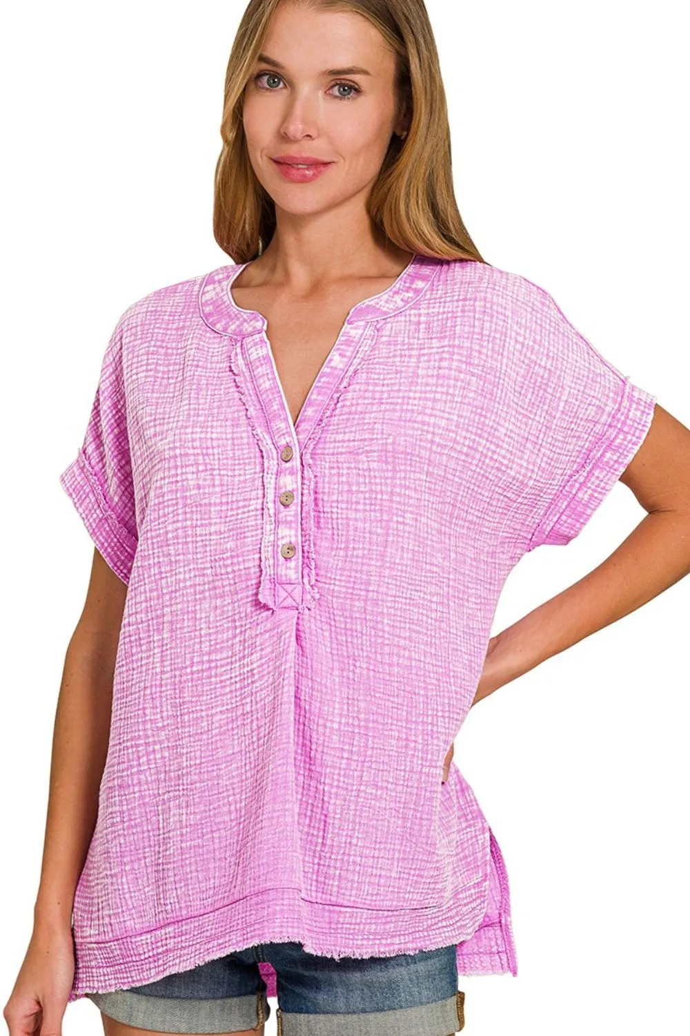 Zenana Washed Double Gauze 3/4 Button Henley Neck Shirt