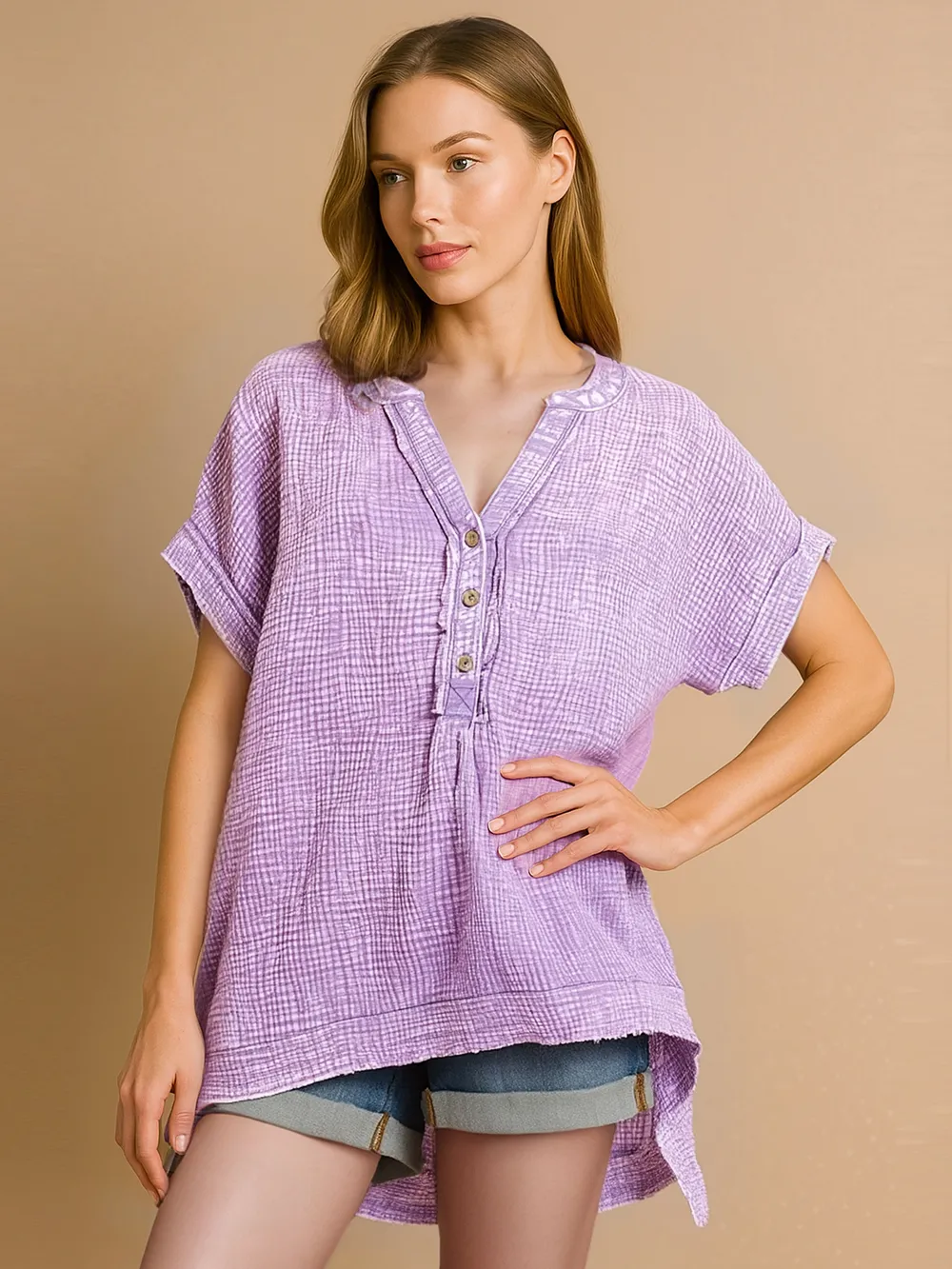 Zenana Washed Double Gauze 3/4 Button Henley Neck Shirt