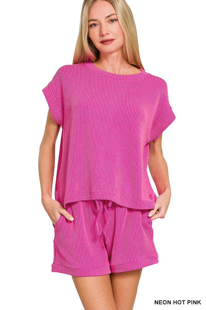 Zenana Raised Rib Cap Sleeve Top & Shorts Set