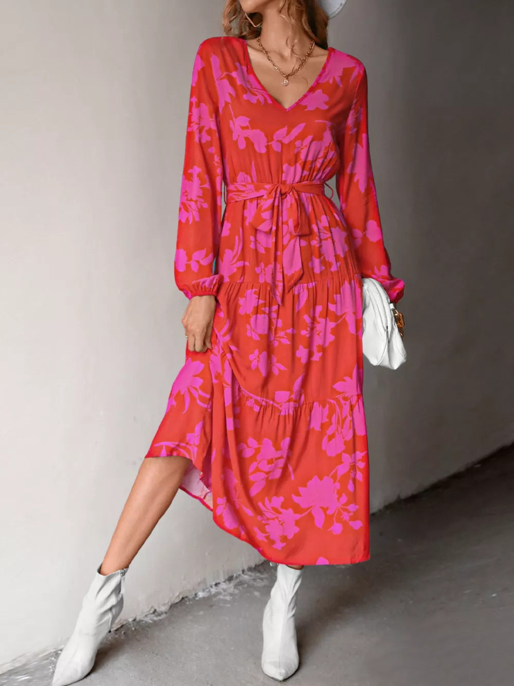 Printed V-Neck Balloon Sleeve Dress