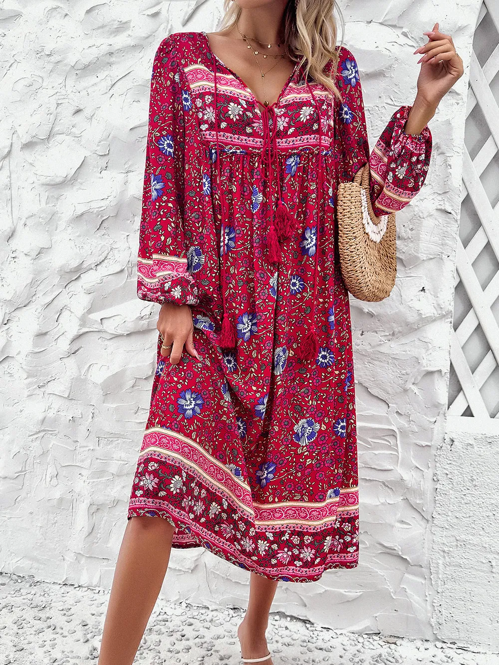 Devine Tassel Tied Printed Long Sleeve Dress
