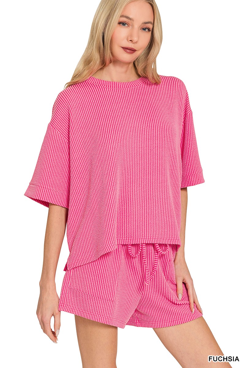 Zenana Raised Rib Short Sleeve Tee and Drawstring Shorts Set