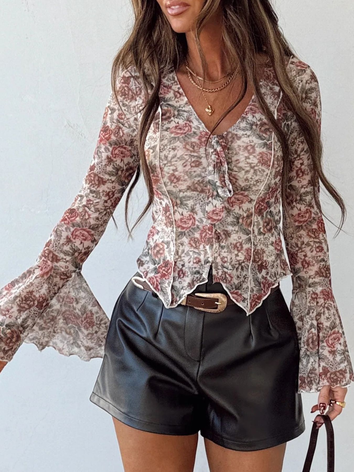 Floral Print Flounce Sleeve Blouse