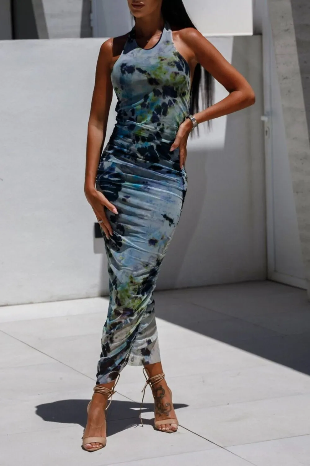 Backless Printed Halter Neck Dress