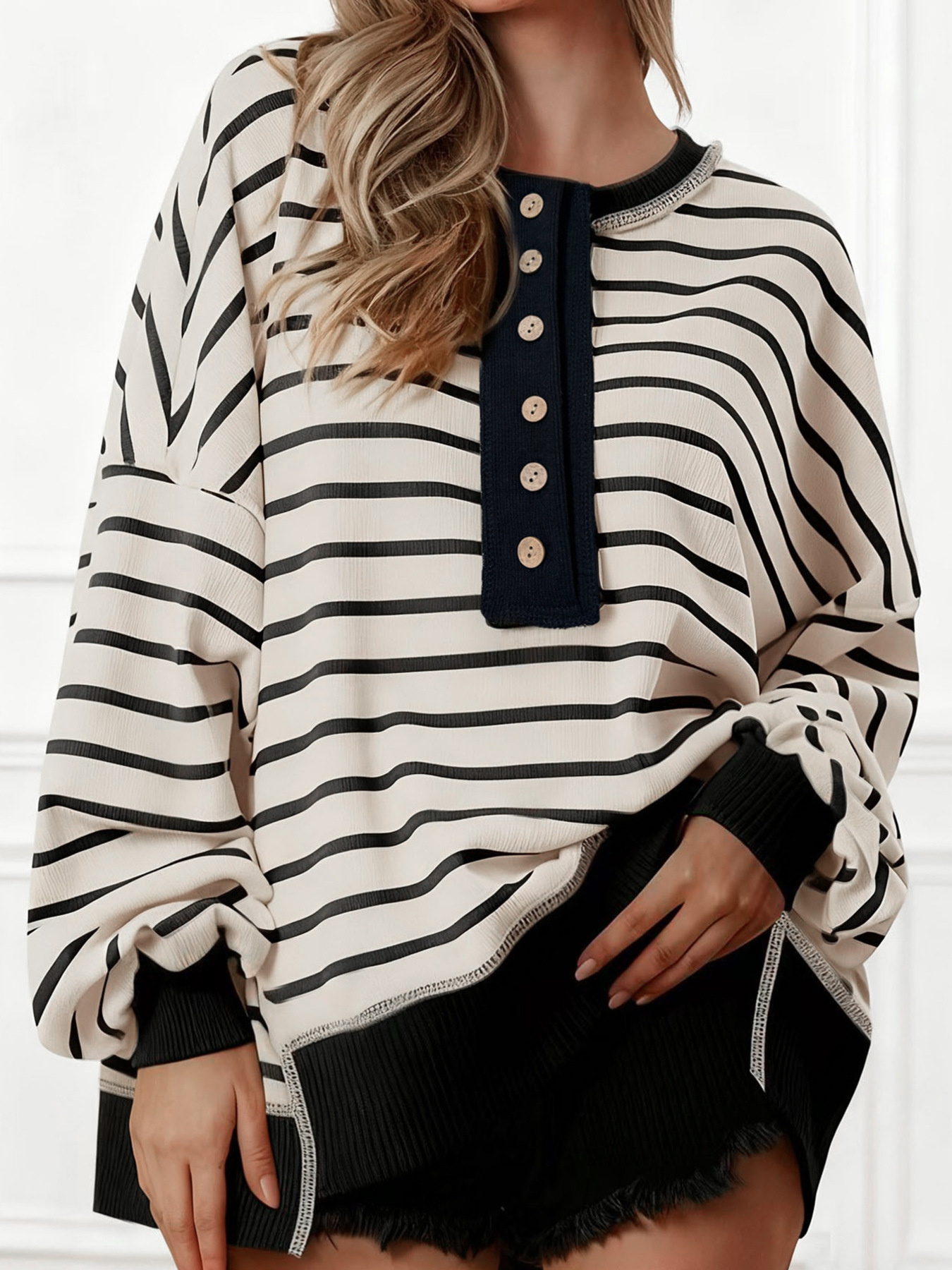 Striped Button Detail Casual Sweatshirt