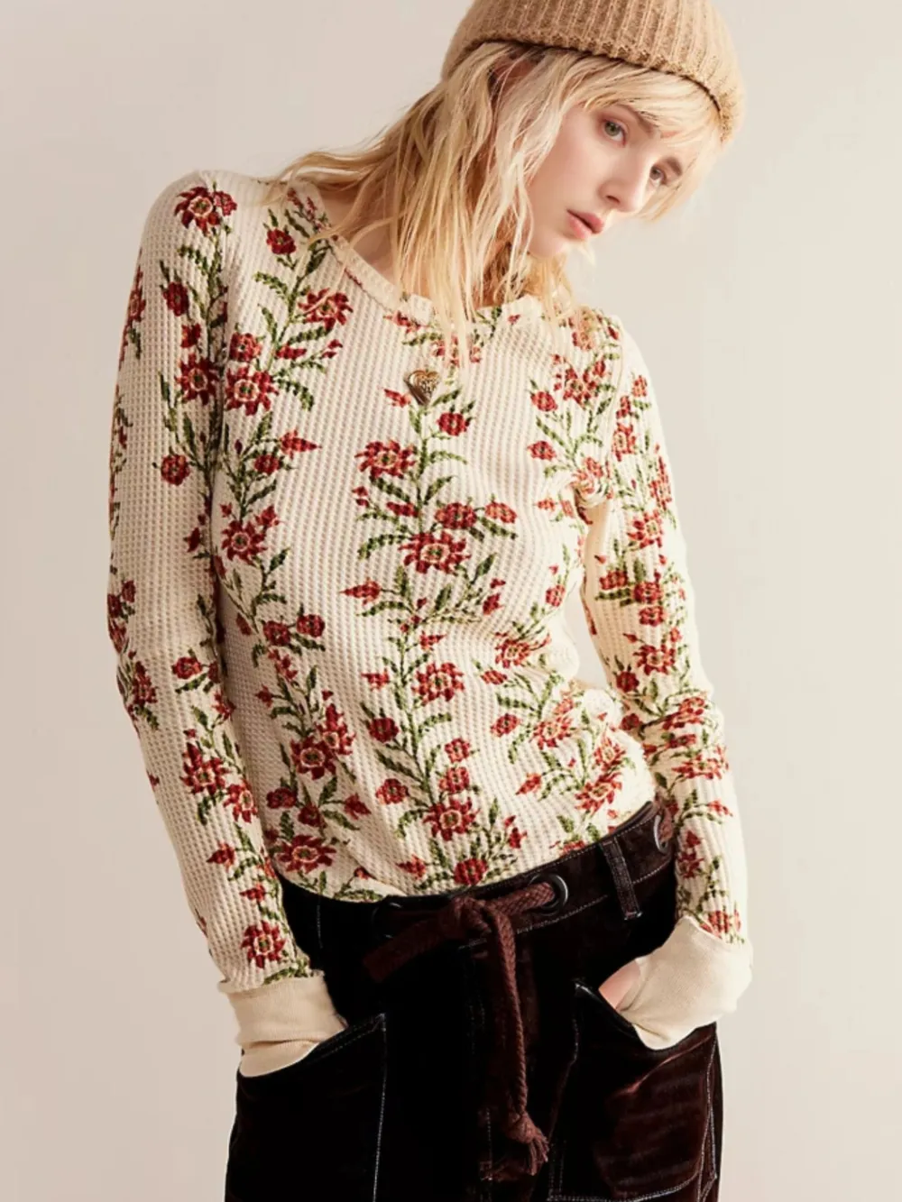 Floral Print Waffle Knit Top