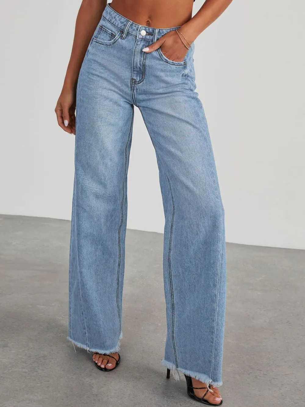 Raw Hem Wide Leg Jeans With Pockets