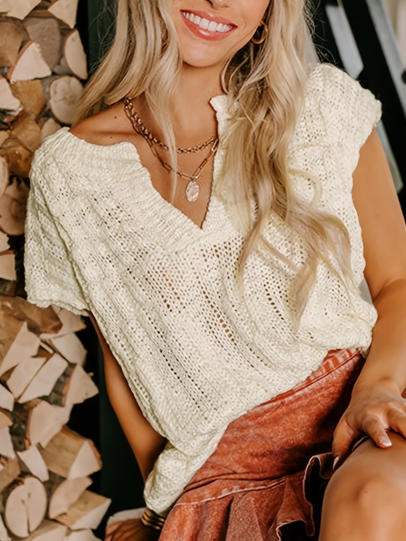 Notched Short Sleeve Sweater