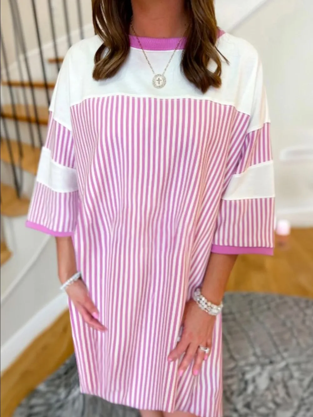 Striped Round Neck Three-Quarter Sleeve Mini Dress