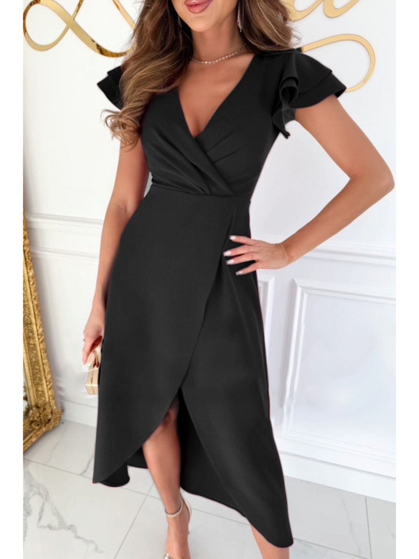 Ruffle Sleeve Wrap Midi Dress