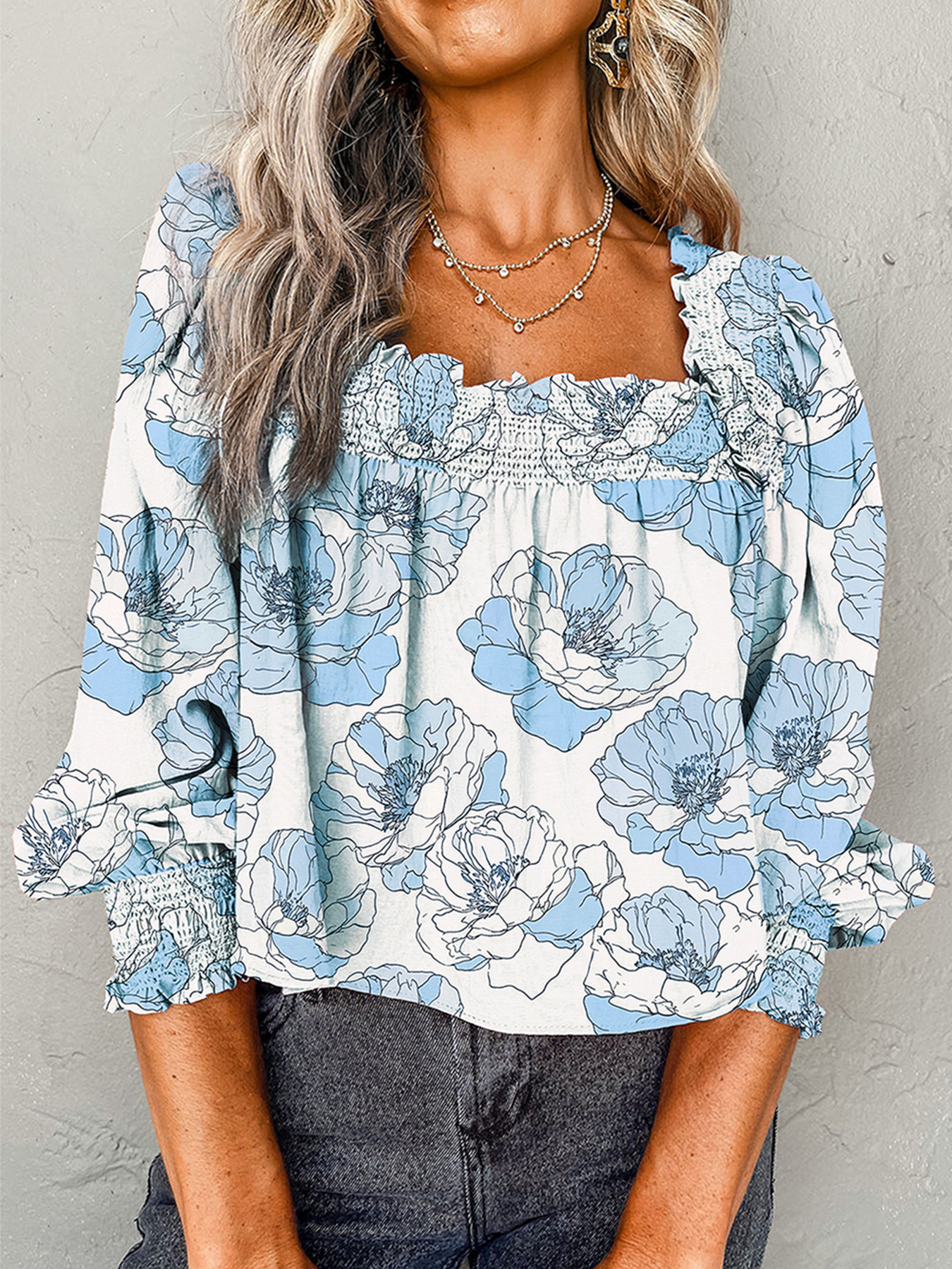 Floral Print Frilly Smocked Square Neck Long Sleeve Blouse