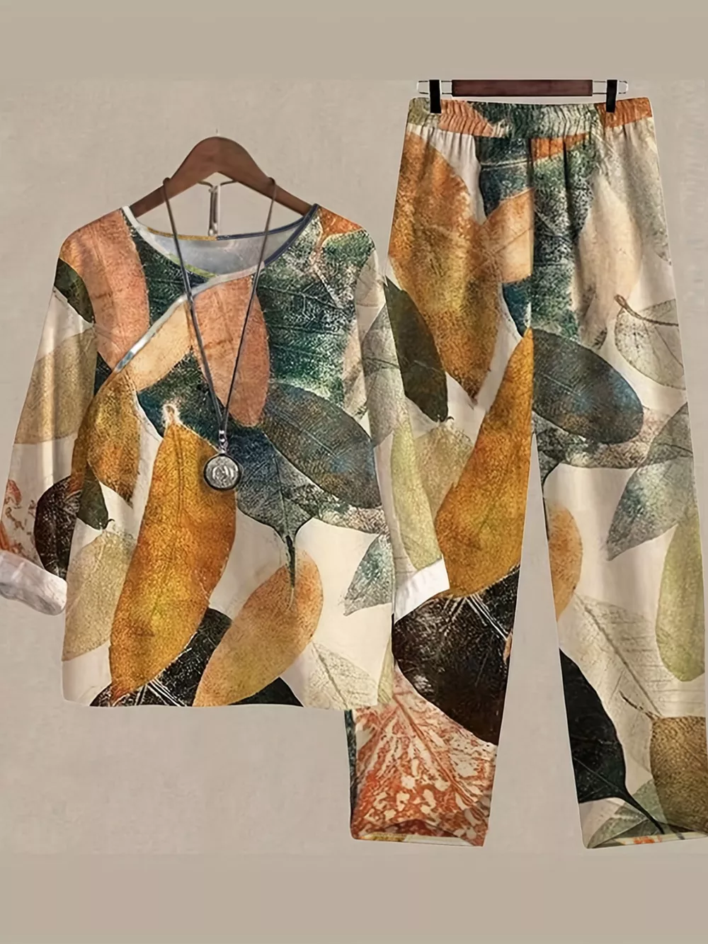 Printed Round Neck Long Sleeve Top and Pants Set