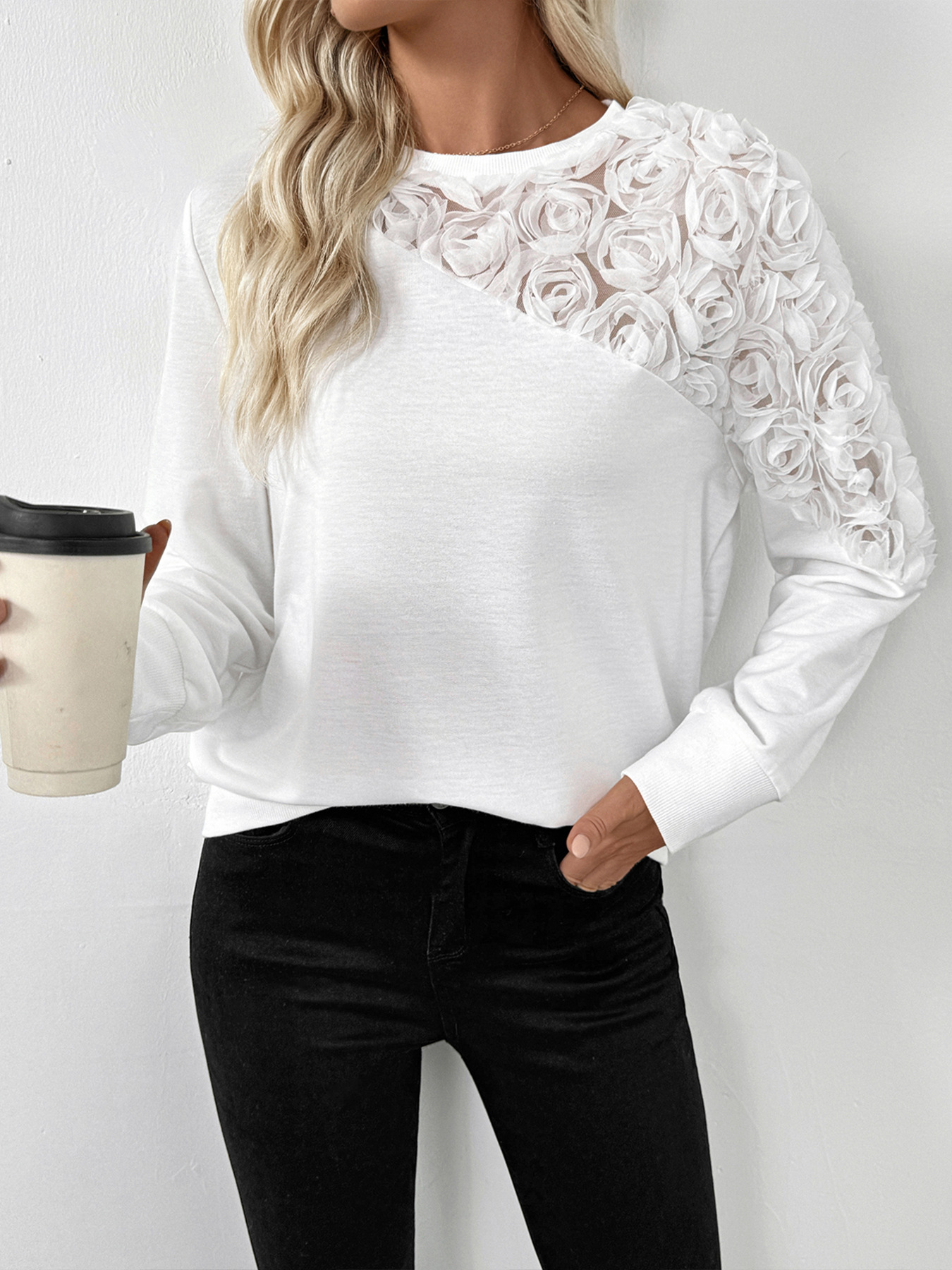 Rose Embroidered Long Sleeve Sweatshirt