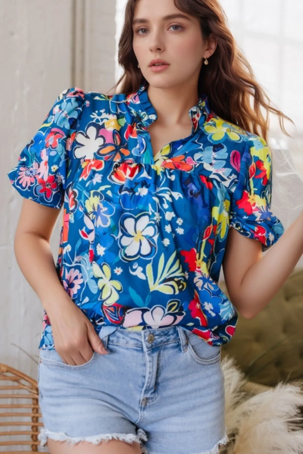 Floral Print Ruffle Sleeve Loose Blouse