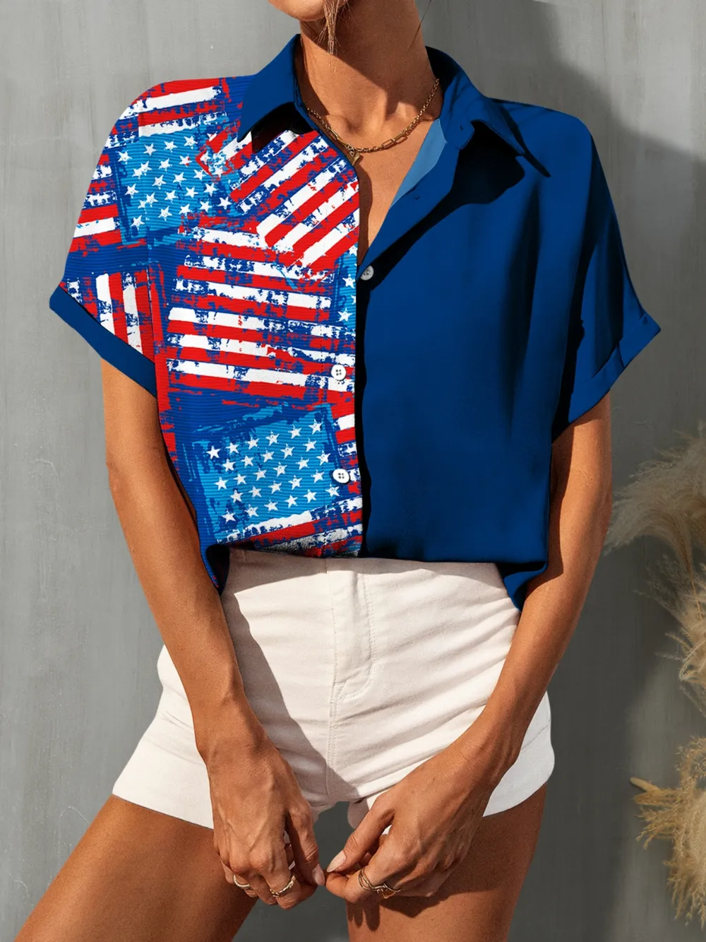 Us Flag Collared Neck Short Sleeve Shirt