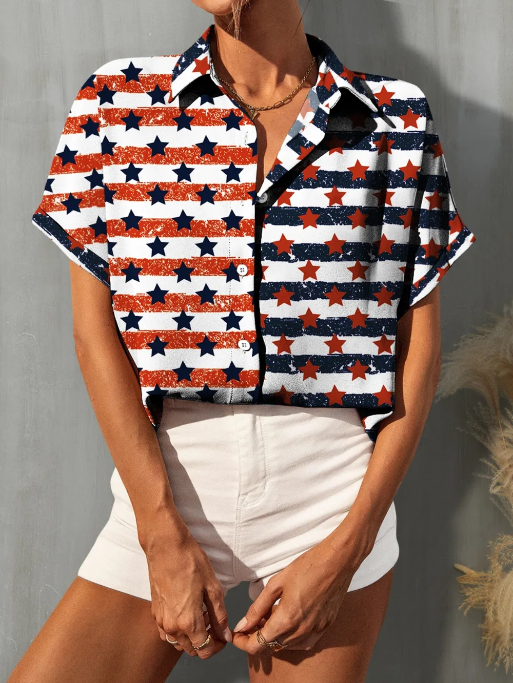 Striped & Star Collared Neck Short Sleeve Shirt