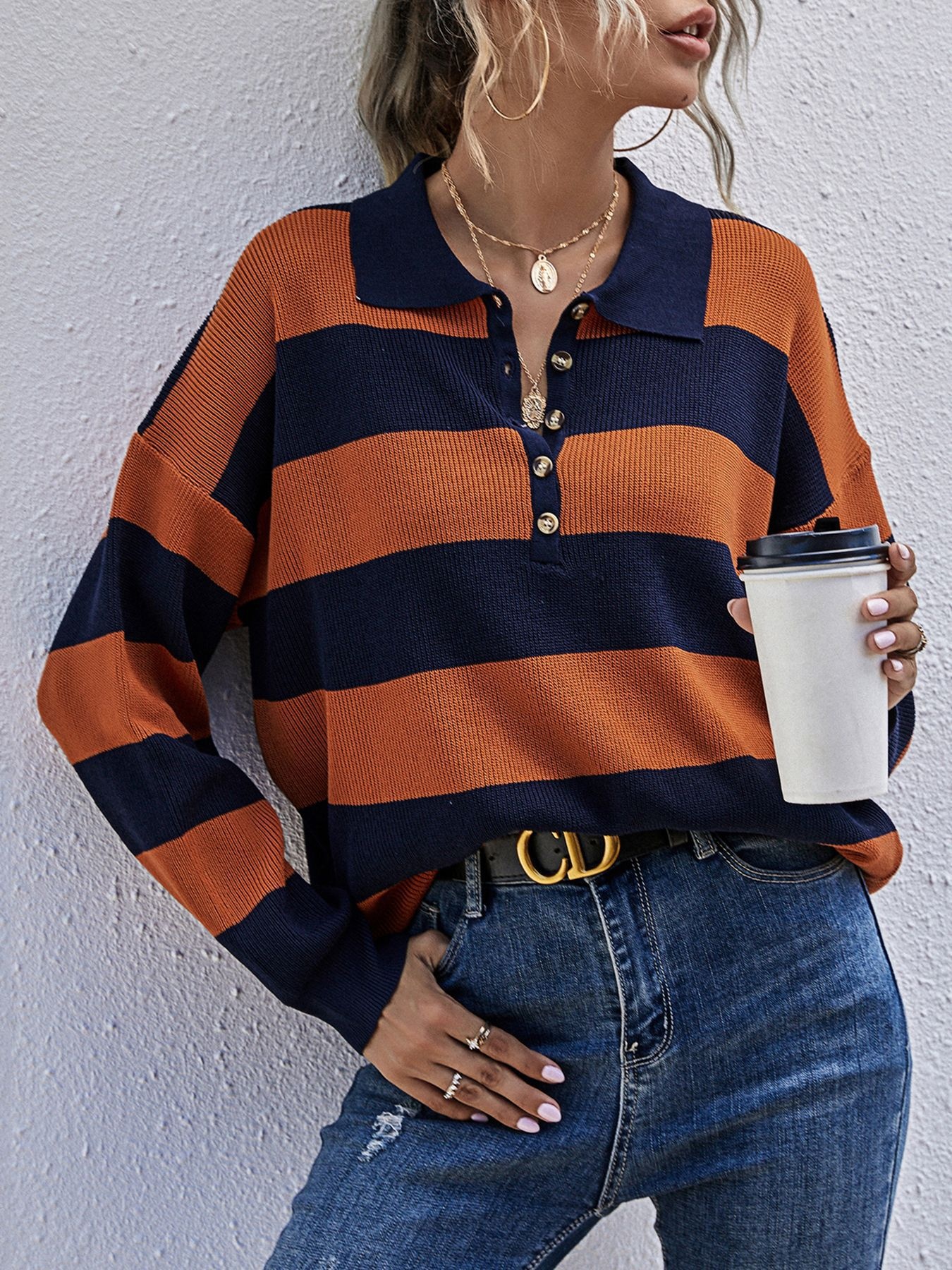 Striped Button Detail Dropped Shoulder Knit Top