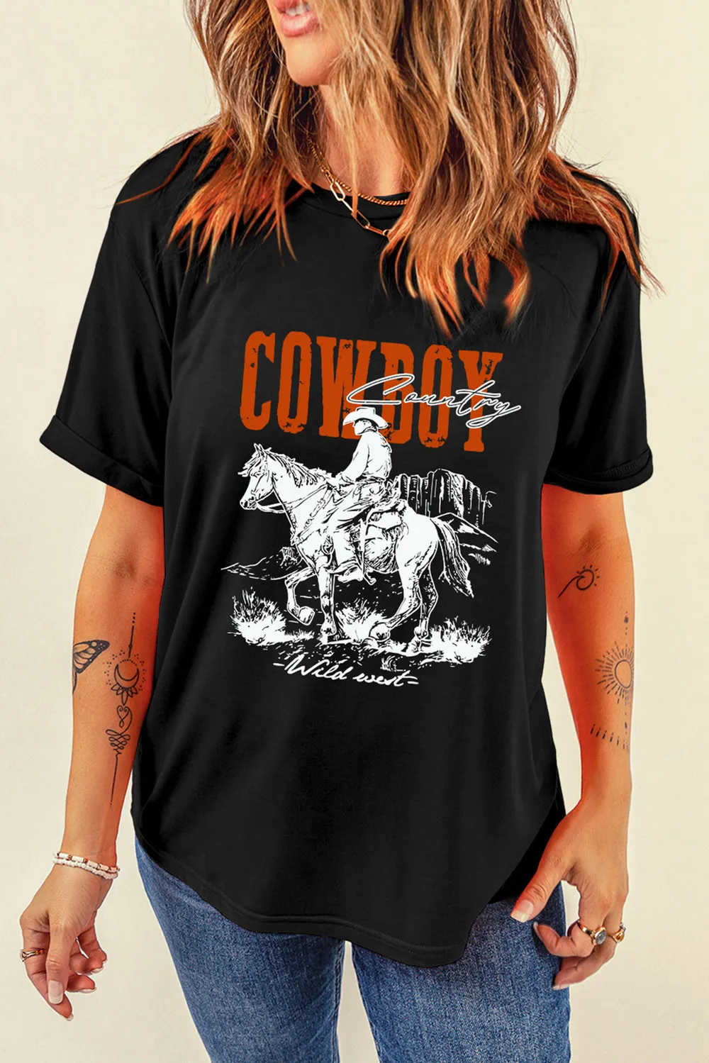 Cowboy Round Neck Short Sleeve T-Shirt
